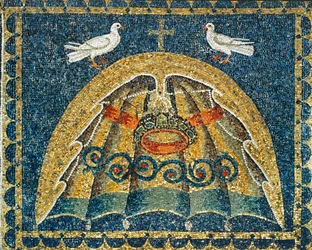Ombraculum, partie des insignes papaux, en forme de coquille avec des colombes en signe de paix, VIe siècle (mosaïque)