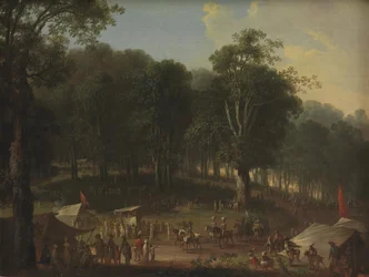 Une troupe de comédiens arrivant à la foire de Dyrehavsbakken près du parc aux cerfs, au nord de Copenhague
