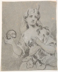 Jeune dame en costume turc avec demi-masque à la main