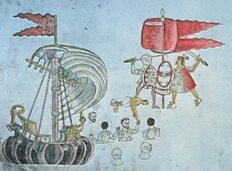 Soldats espagnols de Hernan Cortes débarquant en 1519 pour combattre les Aztèques, copié du Codex Azcatitlan, vers 1550