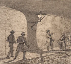 Scène de rue à la lumière des lanternes. Illustration pour "Linearperspectiven", Planche VIII