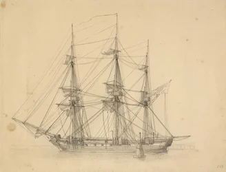 La corvette Flora, amarrée au mouillage de la flotte, fait sécher ses voiles