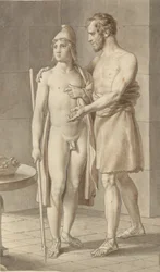 Télémaque rencontre Ulysse déguisé en mendiant chez le berger Eumée - Ulysse; fragment de la composition entière