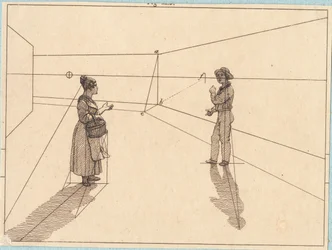 Deux figures dans une construction géométrique. Illustration pour "Linearperspectiven", Planche IV
