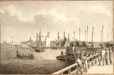 Vue de Langelinie vers Nyholm, à droite le port de la flotte