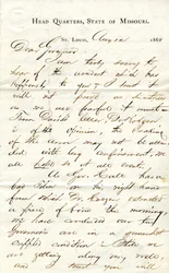 Lettre signée C.C. Bailey, Quartier Général, État du Missouri, St. Louis, au Gouverneur [Hamilton R. Gamble], 12 août 1863