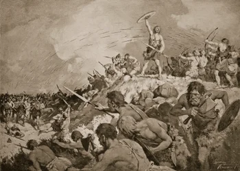 La bataille du mont Badonicus, vers 500 apr. J.-C., illustration tirée de «The History of the Nation»