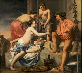 Bacchus sur un trône - Nymphes offrant à Bacchus du vin et des fruits