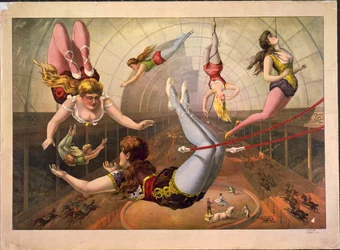 Acrobates féminines sur trapèzes au cirque, vers 1890
