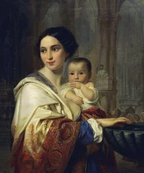 Mère avec un enfant dans les bras puisant de l