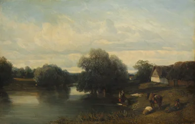 Cottage au bord de la rivière avec lavandières