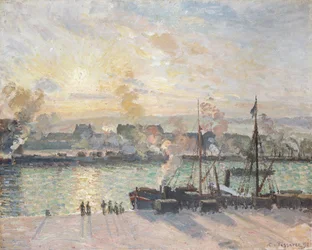 Coucher de soleil, le port de Rouen, bateaux à vapeur