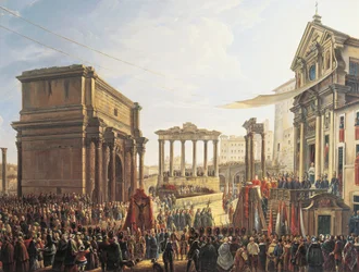 Le Pape Pie IX (1846-1878) donnant un sermon au Campo Vaccino, peinture de Camillo Pacetti (1758-1826)