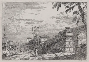 Paysage avec Tour et Deux Piliers en Ruine, de la série Vedute