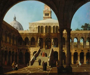Canaletto - Capriccio Vue de la cour du Palazzo Ducale avec la Scala dei Giganti Signé et daté 1744