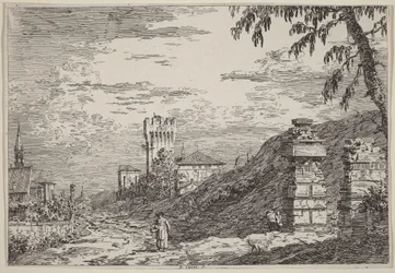 Paysage avec tour et deux colonnes en ruine