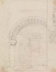 Croquis de figures debout sous une arche de pierre