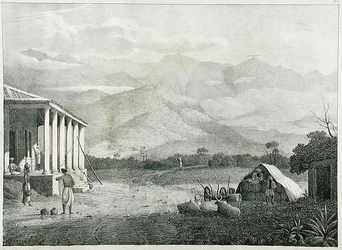 Le Pass de Seremoogy, ou Streemoogy, montagnes de Neelgherry, planche 1 de View of the Neilgherries, or Blue Mountains of Coimbetoor, Southern India par le capitaine McCurdy, publié en 1830