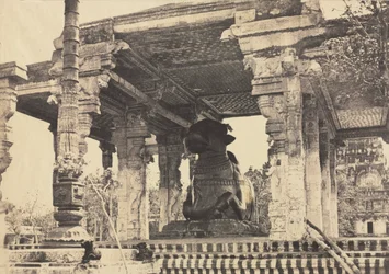 Grande pagode, grand taureau, vue de face, Tanjore, Inde (Temple de Rajarajesvara)