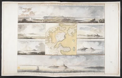 Vues de la capitale de la Nouvelle-Angleterre et du château de William et Mary dans le port de Boston