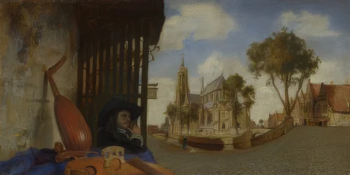 Vue de Delft avec un stand de vendeur d