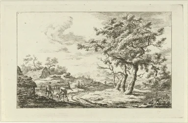 Chasseurs avec un chien sur un chemin