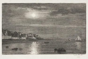 Paysage côtier à Hellebæk. Clair de lune