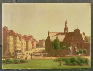 La place du Palais et Holmens Kirke, depuis une fenêtre du château de Christiansborg, à Copenhague, 1866