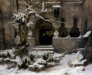 Jardin de monastère sous la neige