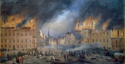 Bataille à Sternbarrikade à Jagerzeile le 28 octobre 1848, révolution à Vienne, incendie en ville