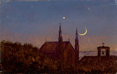 French : Église gothique au-dessus de la cime des arbres au clair de lune (Petit paysage au clair de lune avec une petite église)