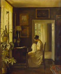 Intérieur avec une femme cousant