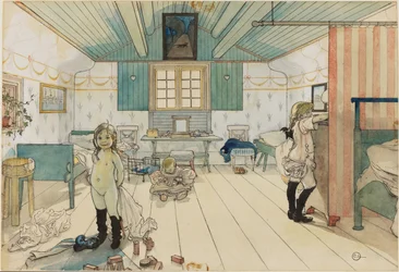 La chambre de la mère et des petites filles. Tiré de Un foyer (26 aquarelles)