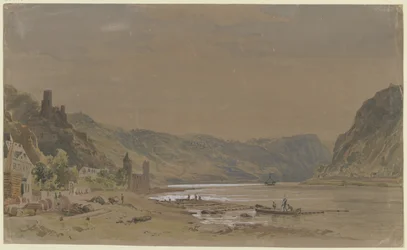 Vue de Sankt Goarshausen avec le château de la Souris, le rocher de la Loreley à l