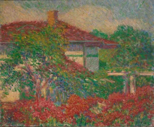 (Paysage avec bâtiment au toit rouge)