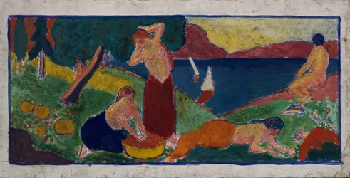 (Femmes en paysage avec bordure bleue)