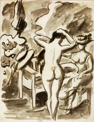 Deux figures féminines dans un jardin