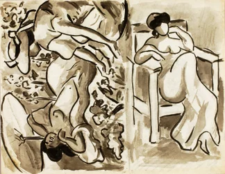 Deux femmes dans un jardin, une femme assise