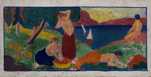 Femmes dans un paysage avec bordure bleue