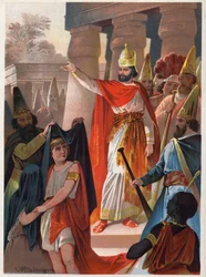 Sur un signe de Sarastro, un prêtre étend de grandes voiles noires sur le prince Tamino et la princesse Pamina. Illustration de Carl Offterdinger (1829-1889) dans « La flûte enchantée » (Die Zauberflöte, flauto magico, The Magic Flute). Collection privée
