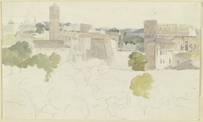 Vue sur Rome avec le Colisée à droite, montagnes au loin