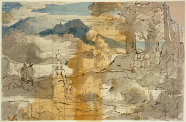 Paysage près de Rocca Canterano avec une femme et des enfants, des bergers et des pèlerins