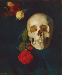 French : Tête de mort avec des roses
