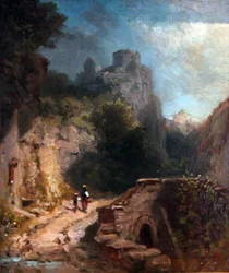 Paysage de montagne avec pont et château