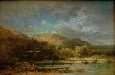 Cabane au bord du lac avec des figures