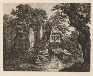 Cabane au toit de chaume avec paysage et personnages