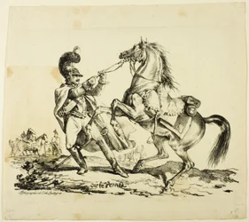 Cuirassier à pied retenant son cheval cabré