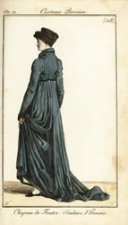 Femme avec chapeau de feutre, manteau de cavalier long, pantoufles d