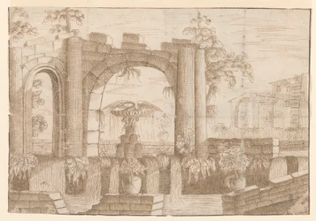 Un jardin avec arche en ruine