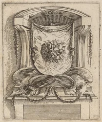 Motif architectural avec une draperie et des fruits